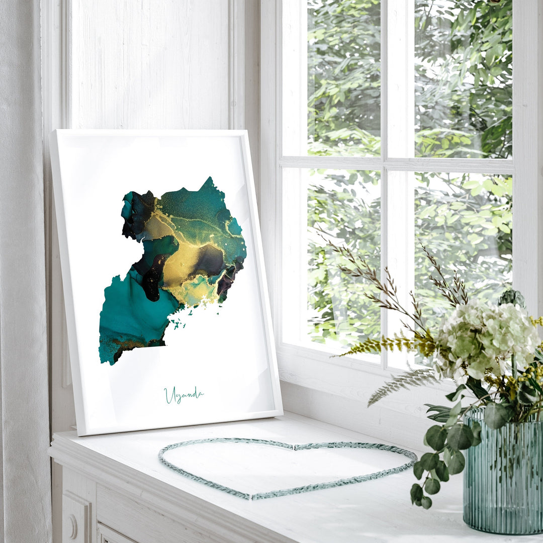 Uganda Map Emerald Green and Gold Wall Art Print
