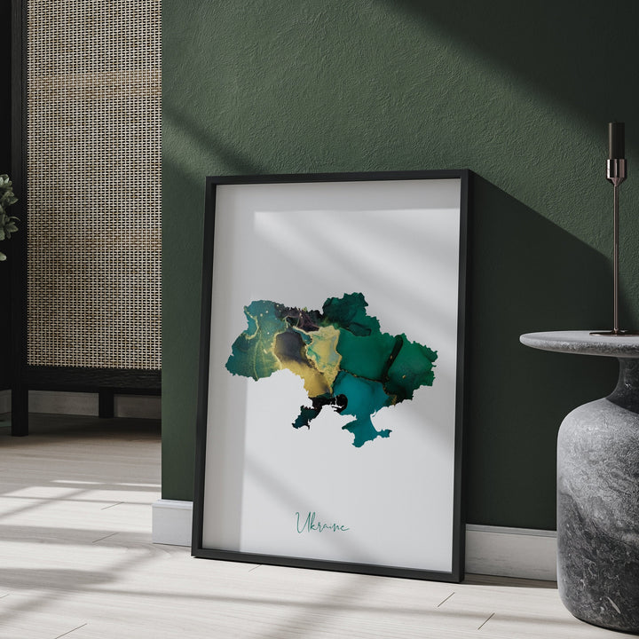 Ukraine Map Emerald Green and Gold Wall Art Print