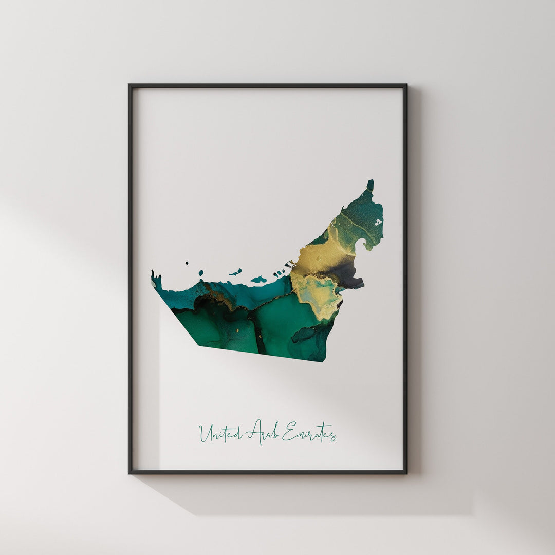 United Arab Emirates Map Emerald Green and Gold Wall Art Print UAE