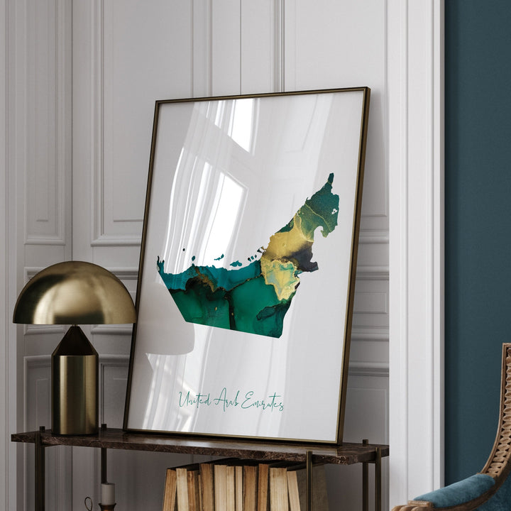 United Arab Emirates Map Emerald Green and Gold Wall Art Print UAE