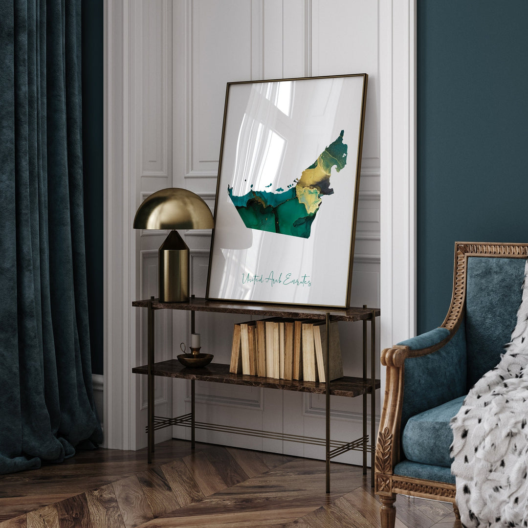 United Arab Emirates Map Emerald Green and Gold Wall Art Print UAE