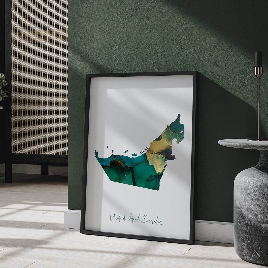 United Arab Emirates Map Emerald Green and Gold Wall Art Print UAE