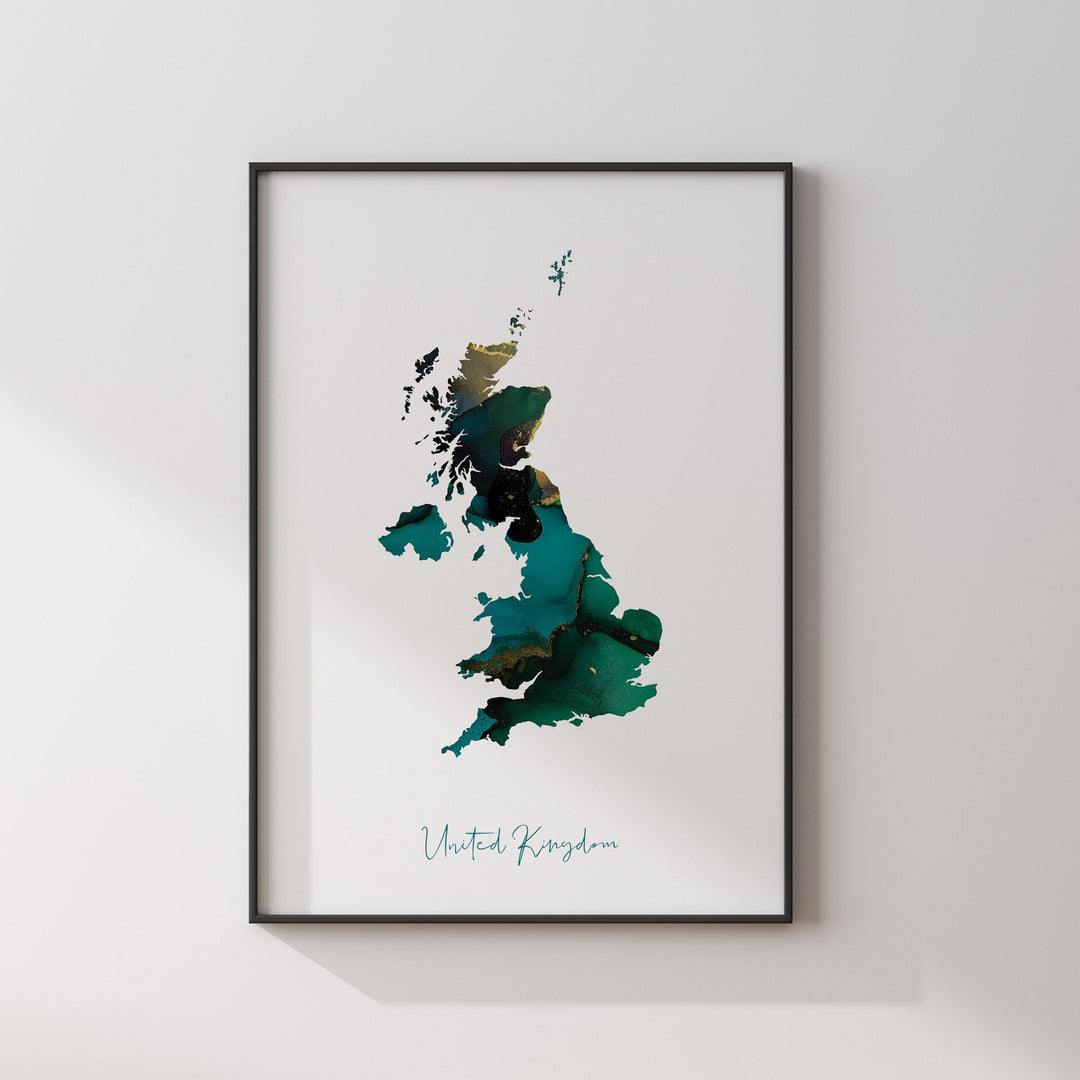 United Kingdom Map Emerald Green and Gold Wall Art Print UK