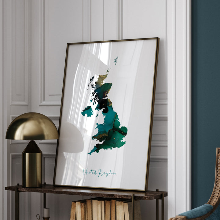 United Kingdom Map Emerald Green and Gold Wall Art Print UK