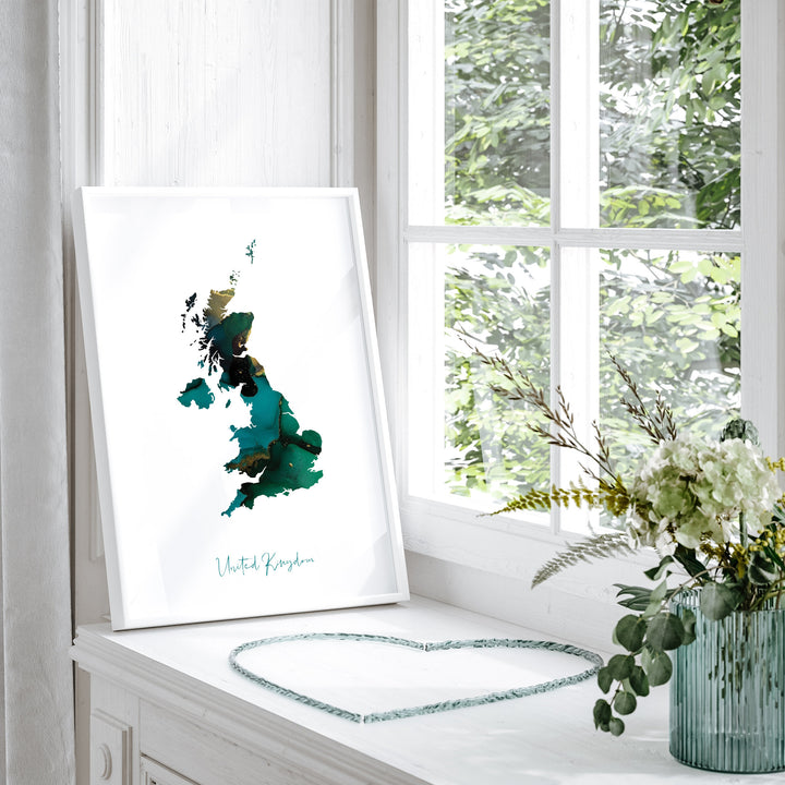 United Kingdom Map Emerald Green and Gold Wall Art Print UK
