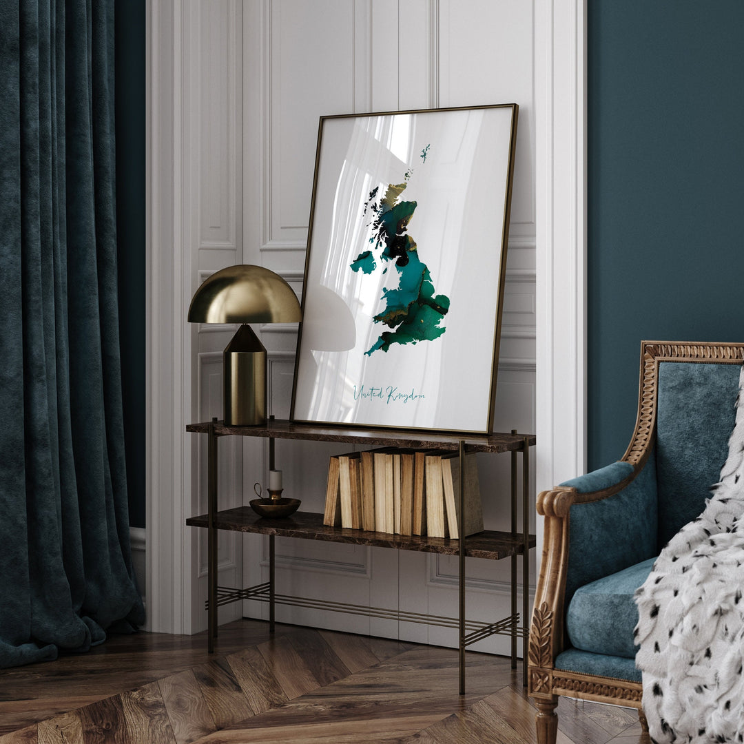 United Kingdom Map Emerald Green and Gold Wall Art Print UK