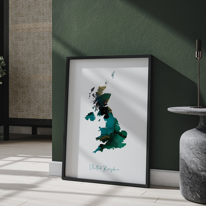 United Kingdom Map Emerald Green and Gold Wall Art Print UK