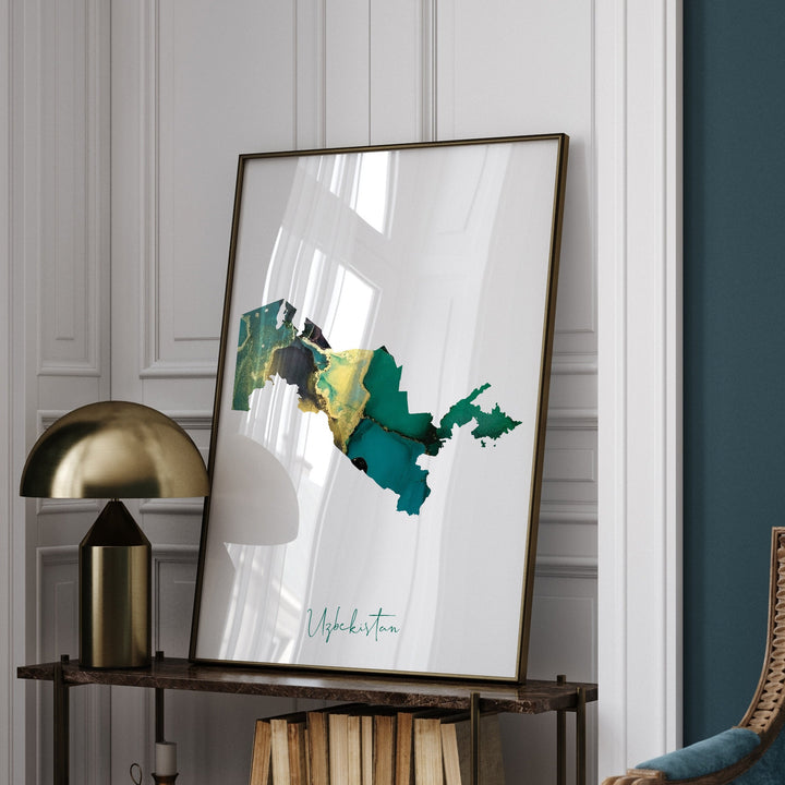 Uzbekistan Map Emerald Green and Gold Wall Art Print