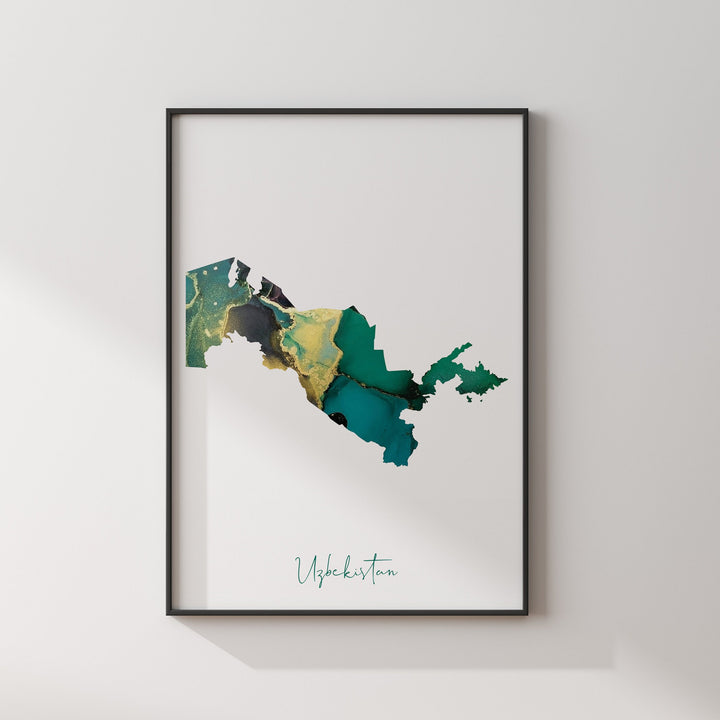 Uzbekistan Map Emerald Green and Gold Wall Art Print