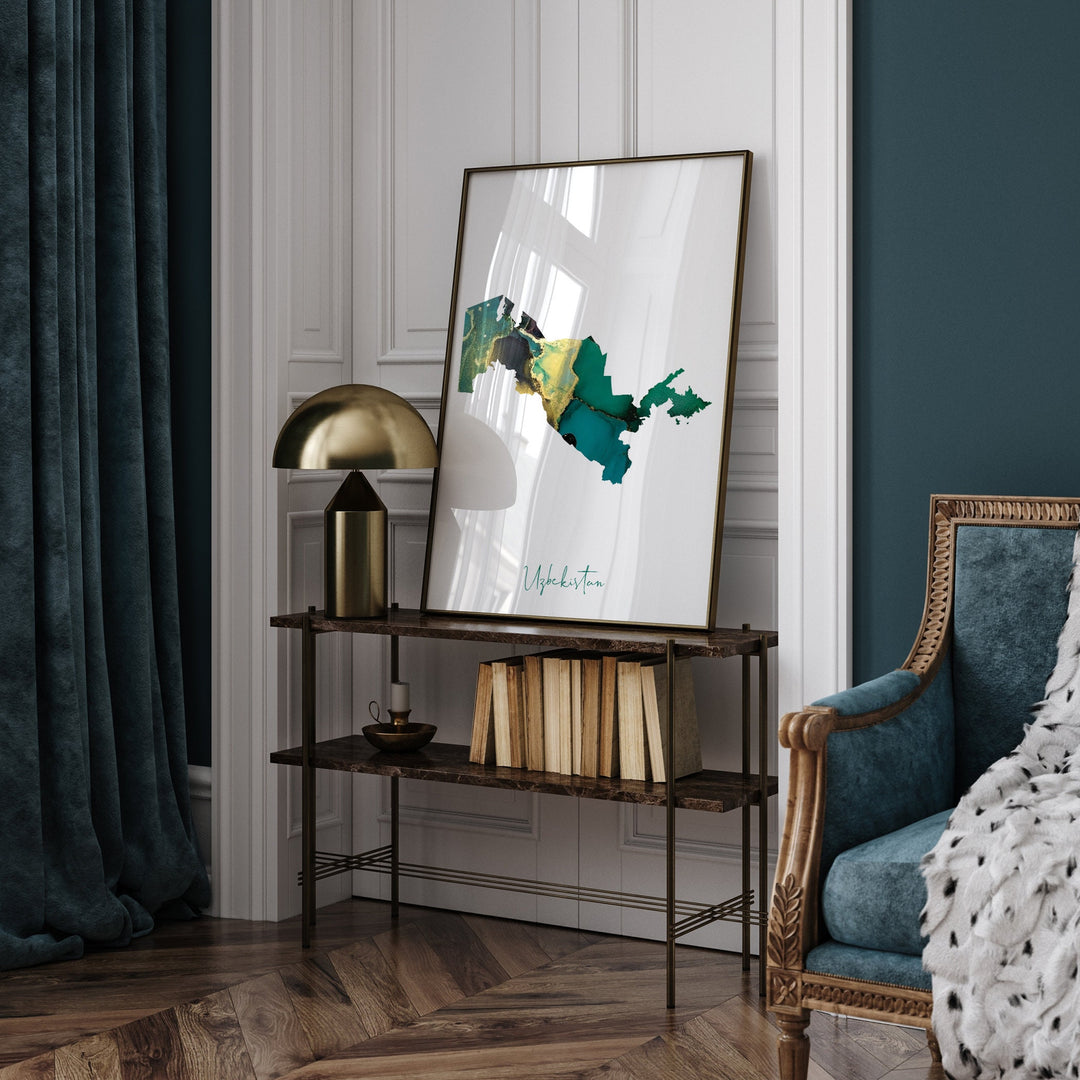 Uzbekistan Map Emerald Green and Gold Wall Art Print