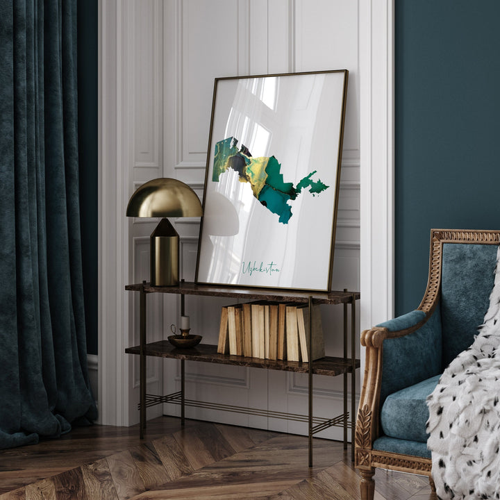 Uzbekistan Map Emerald Green and Gold Wall Art Print