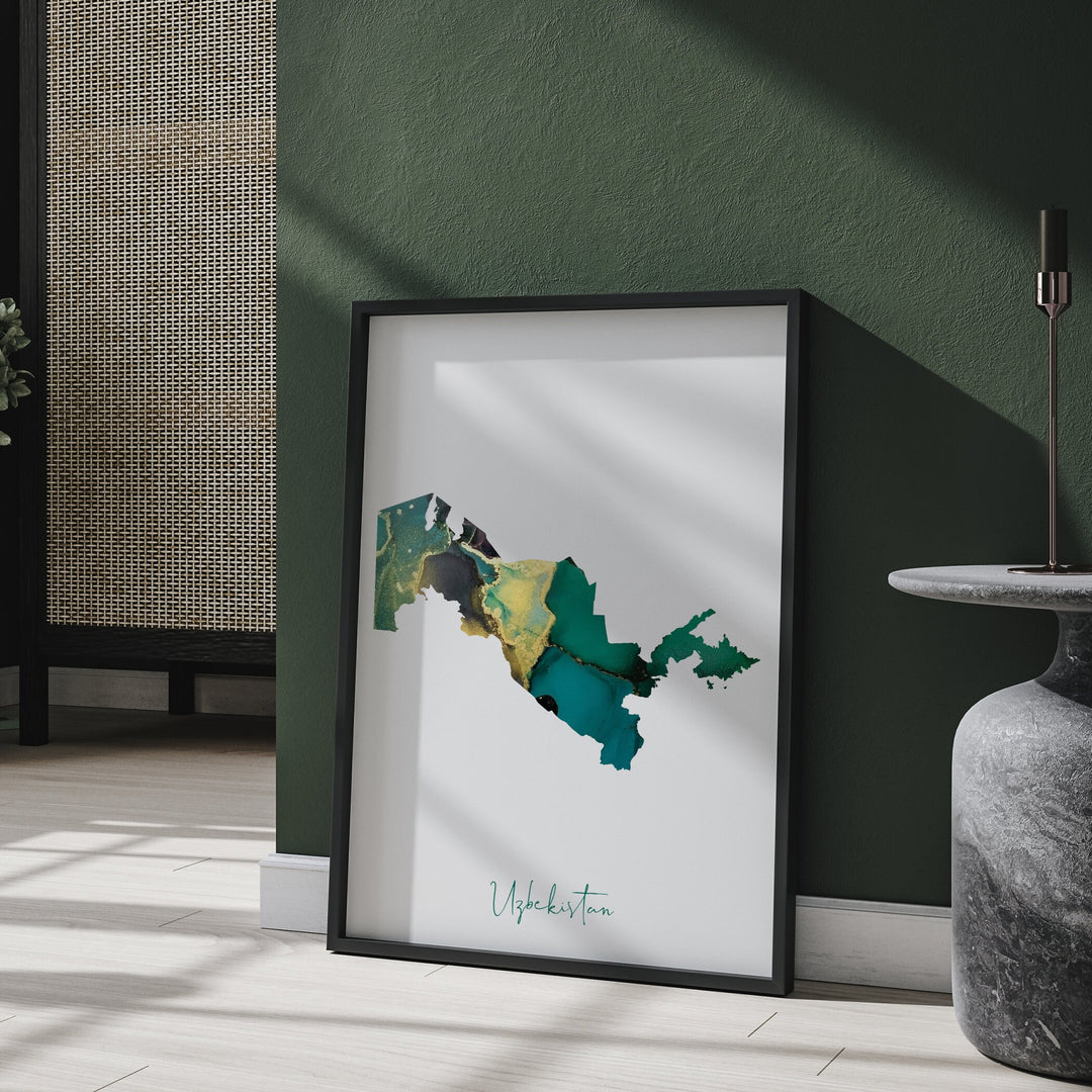 Uzbekistan Map Emerald Green and Gold Wall Art Print