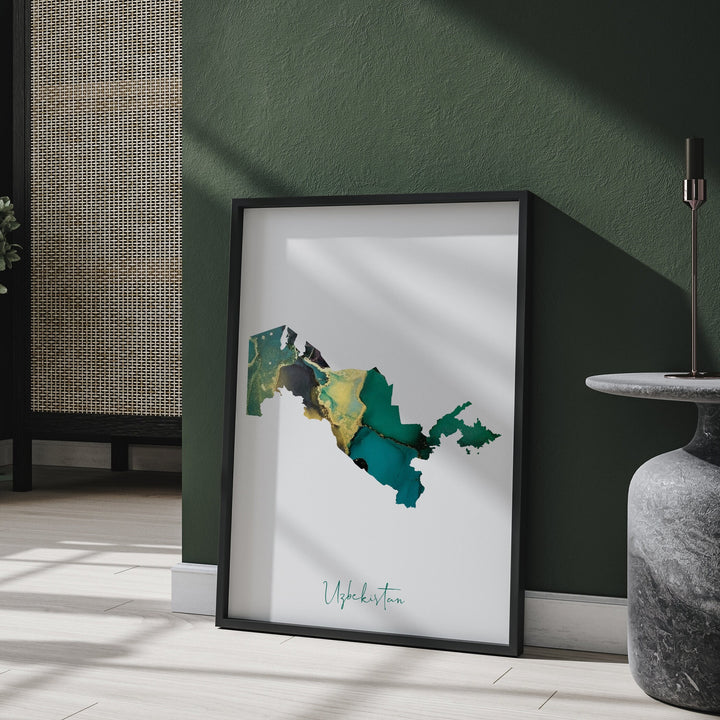 Uzbekistan Map Emerald Green and Gold Wall Art Print