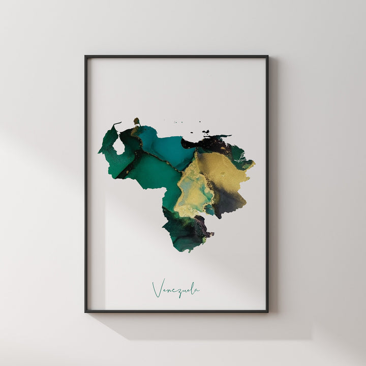 Venezuela Map Emerald Green and Gold Wall Art Print