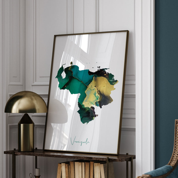 Venezuela Map Emerald Green and Gold Wall Art Print