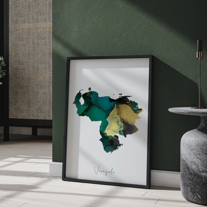 Venezuela Map Emerald Green and Gold Wall Art Print