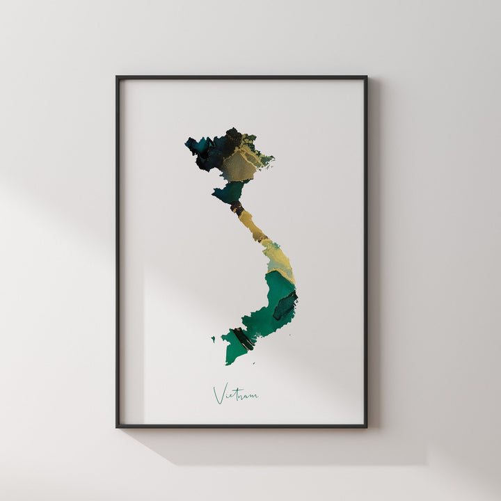 Vietnam Map Emerald Green and Gold Wall Art Print