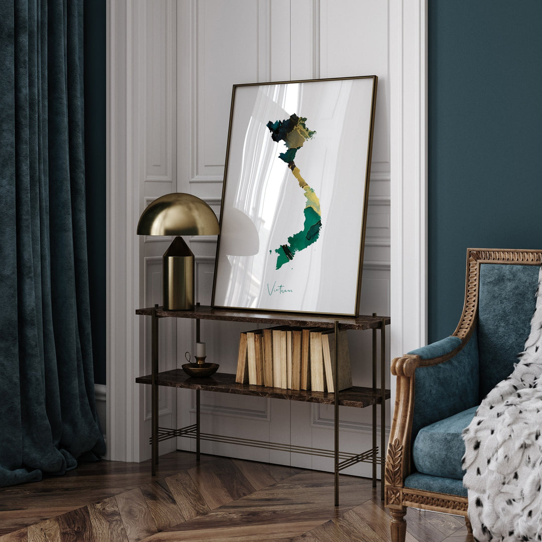 Vietnam Map Emerald Green and Gold Wall Art Print