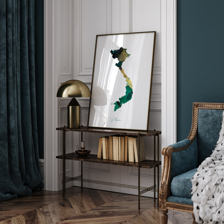 Vietnam Map Emerald Green and Gold Wall Art Print
