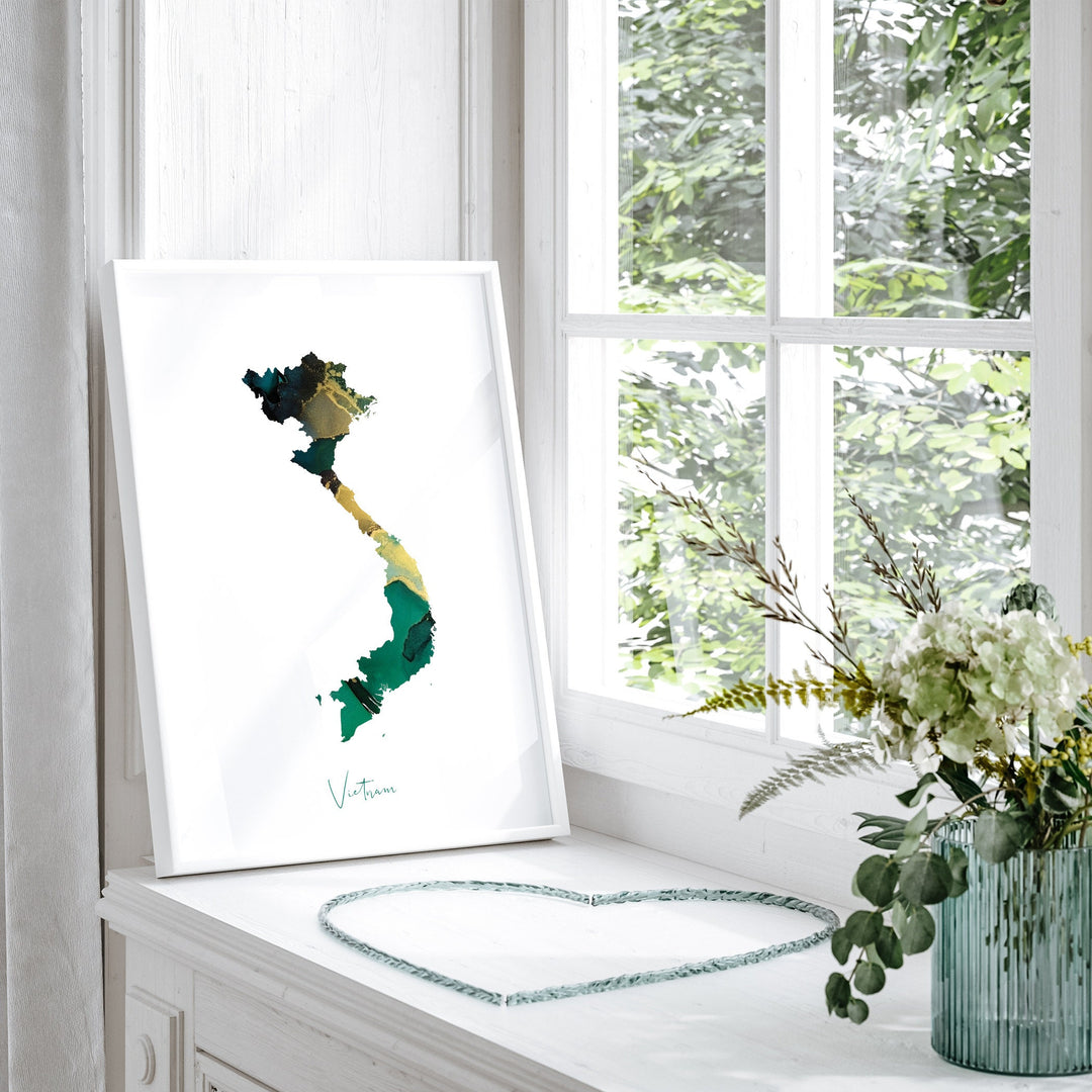 Vietnam Map Emerald Green and Gold Wall Art Print