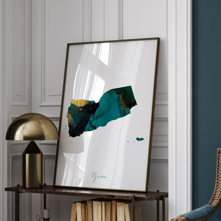 Yemen Map Emerald Green and Gold Wall Art Print