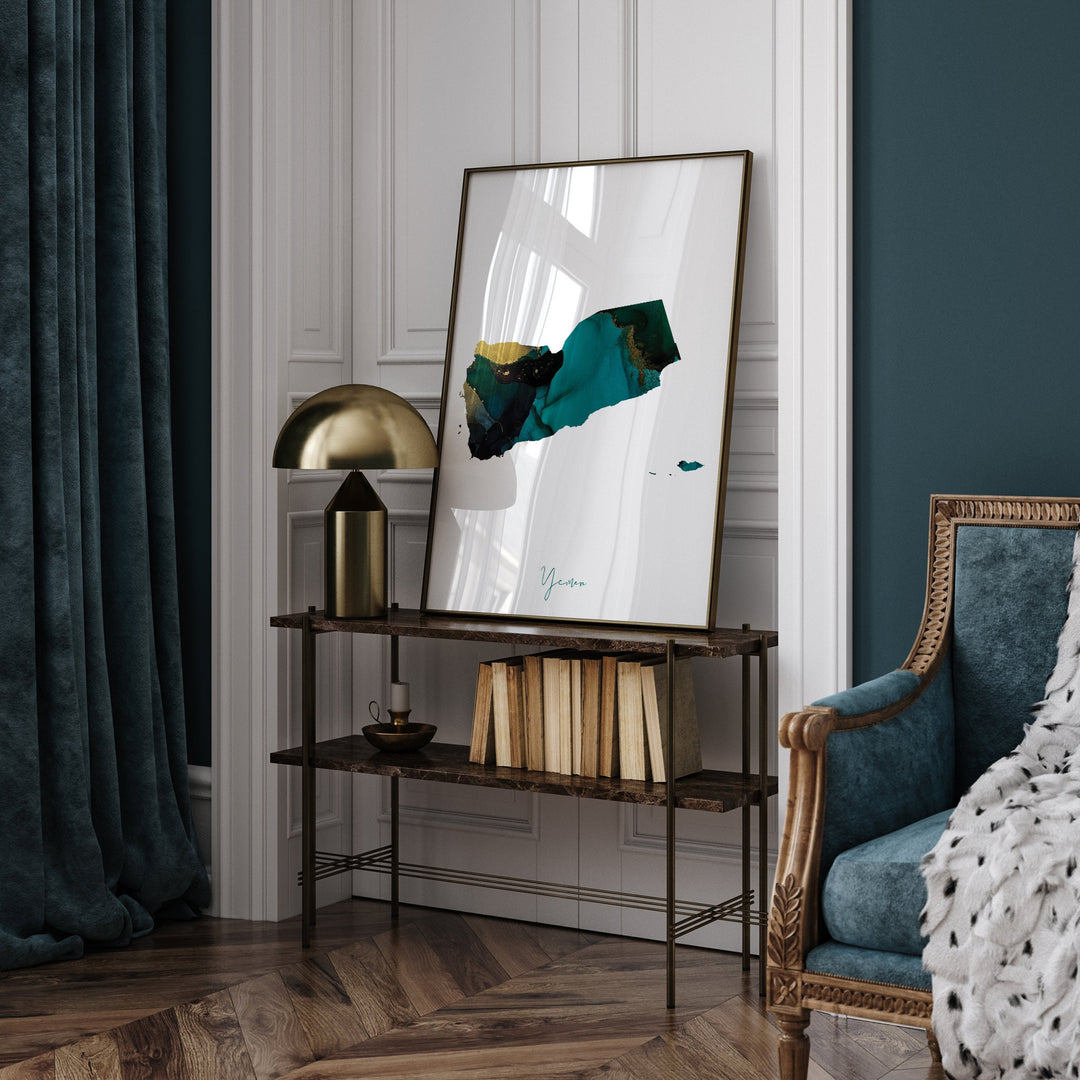 Yemen Map Emerald Green and Gold Wall Art Print