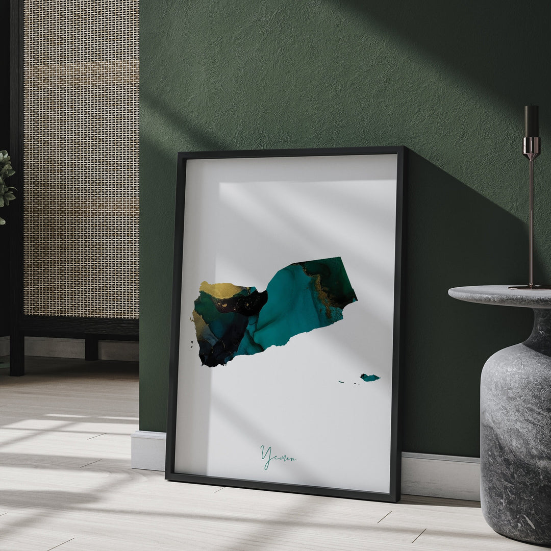 Yemen Map Emerald Green and Gold Wall Art Print