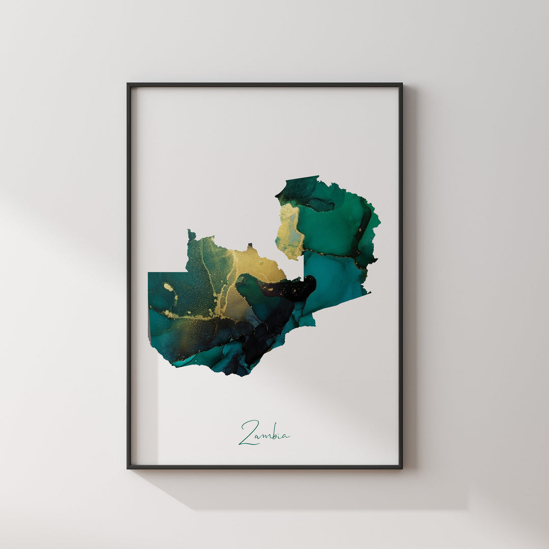 Zambia Map Emerald Green and Gold Wall Art Print