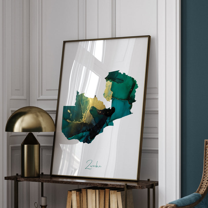 Zambia Map Emerald Green and Gold Wall Art Print