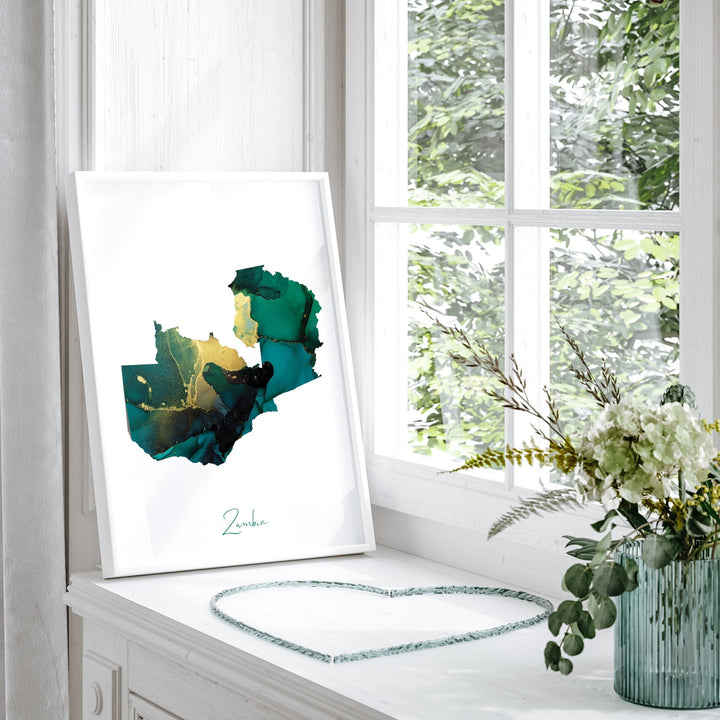 Zambia Map Emerald Green and Gold Wall Art Print