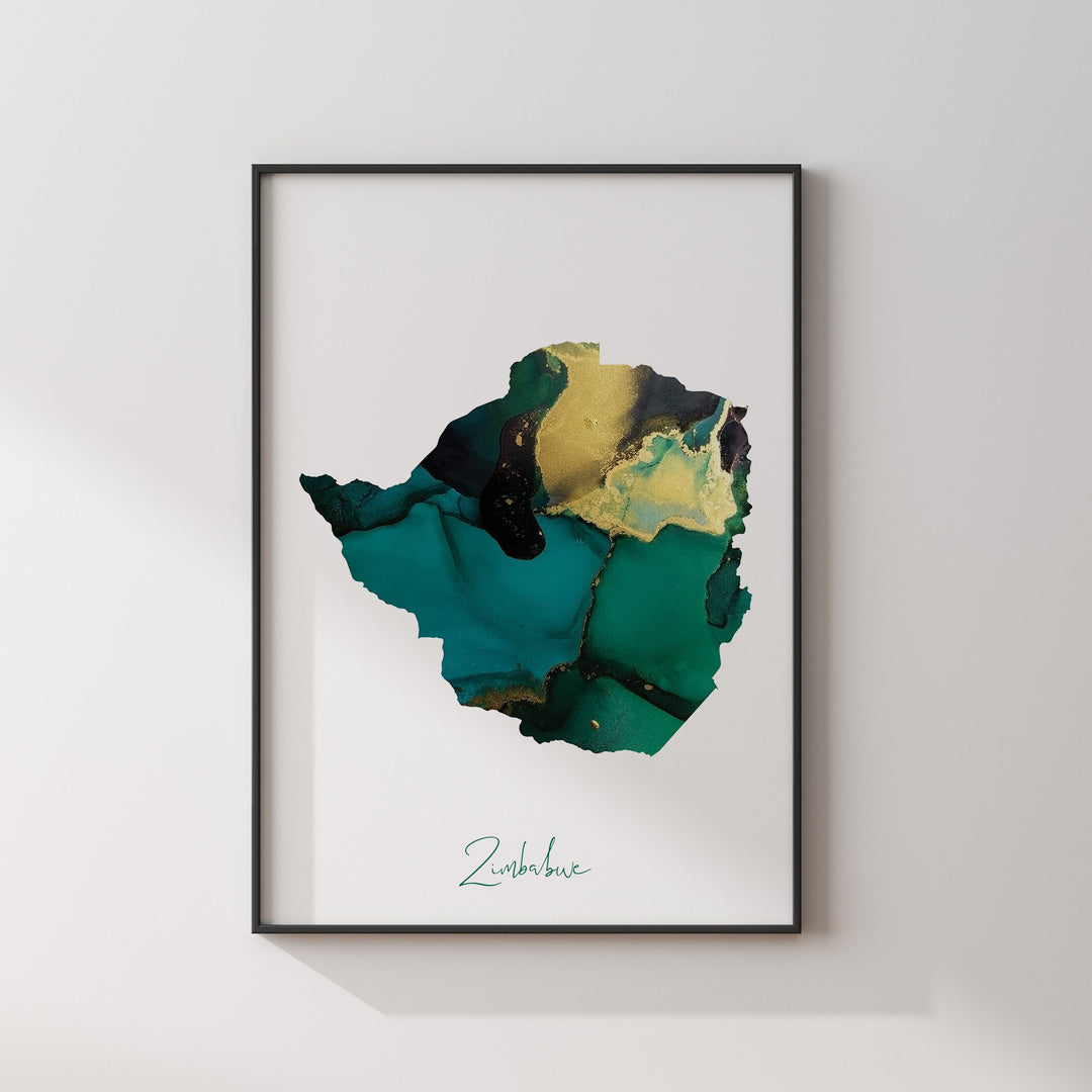 Zimbabwe Map Emerald Green and Gold Wall Art Print