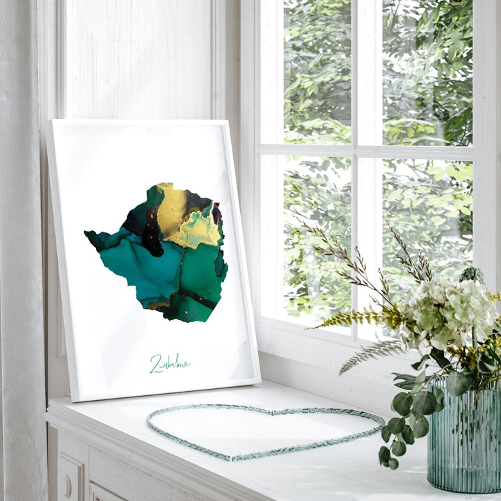 Zimbabwe Map Emerald Green and Gold Wall Art Print