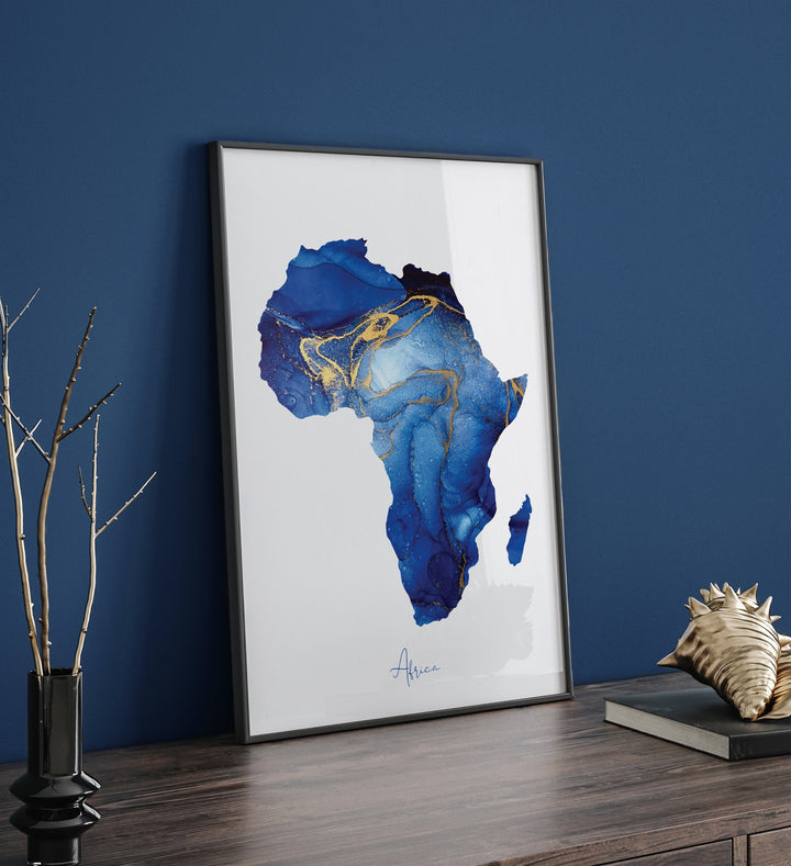 Africa Map Blue and Gold Wall Art Print