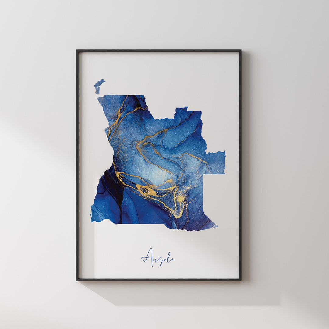 Angola Map Blue and Gold Wall Art Print
