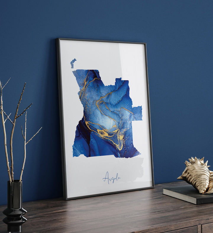 Angola Map Blue and Gold Wall Art Print