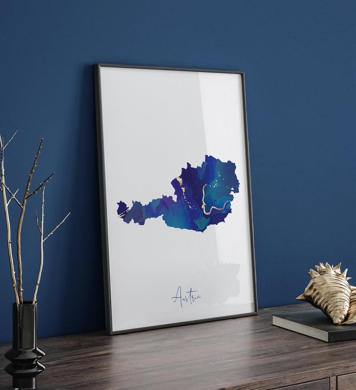 Austria Map Blue and Gold Wall Art Print
