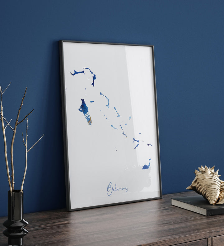 The Bahamas Map Blue and Gold Wall Art Print