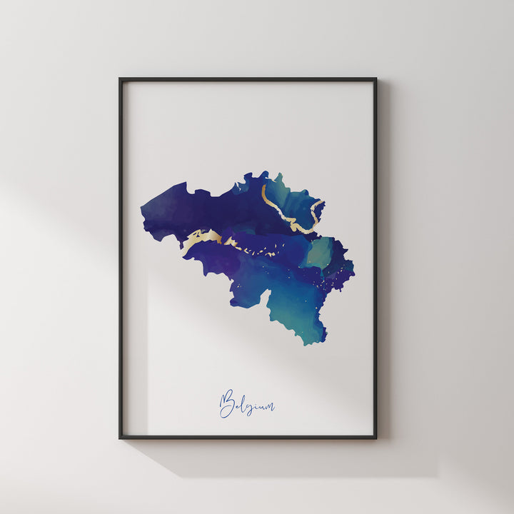 Belgium Map Blue and Gold Wall Art Print