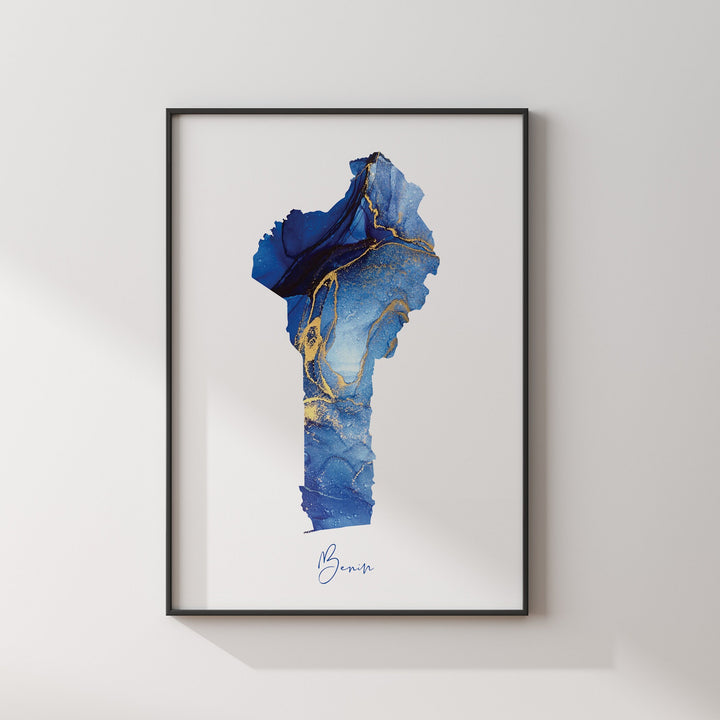 Benin Map Blue and Gold Wall Art Print
