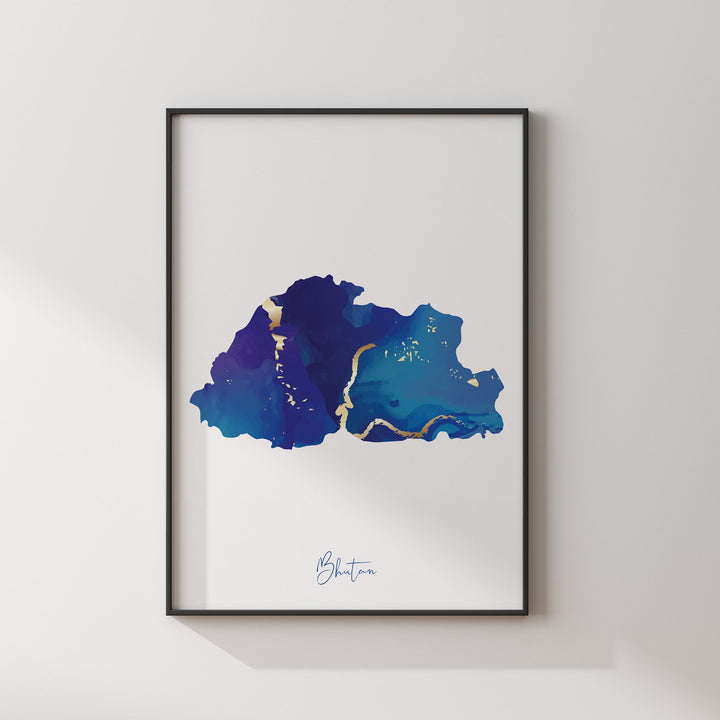 Bhutan Map Blue and Gold Wall Art Print