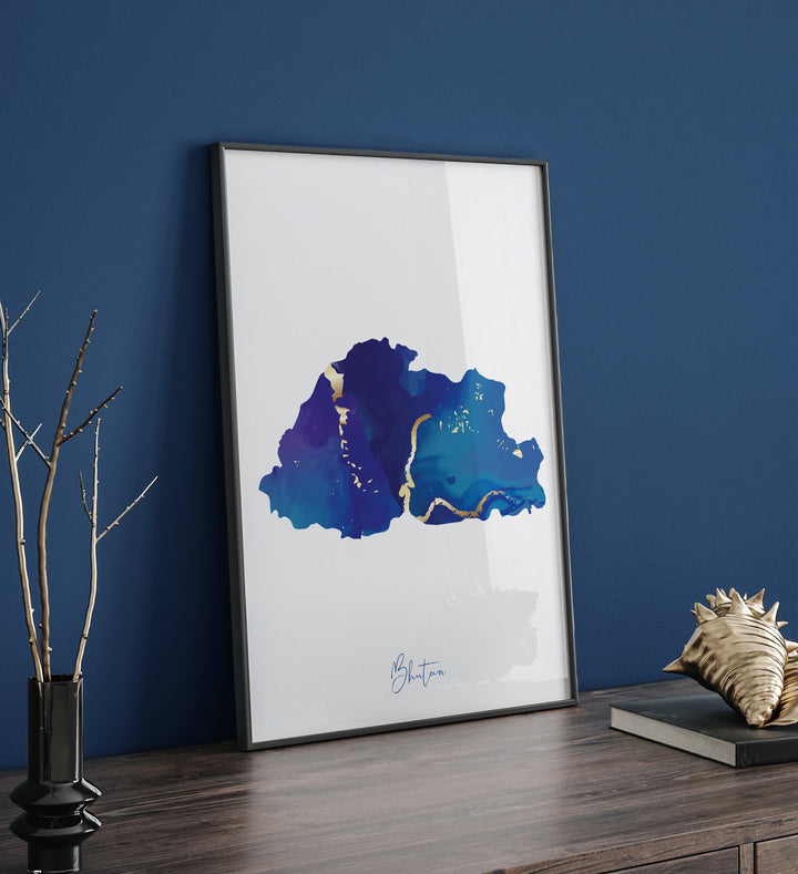 Bhutan Map Blue and Gold Wall Art Print