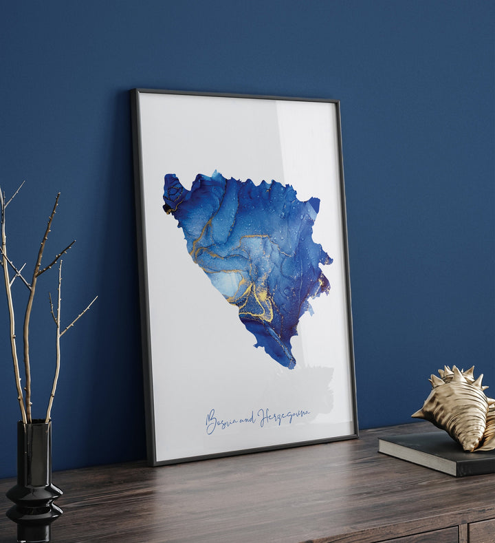 Bosnia and Herzegovina Map Blue and Gold Wall Art Print