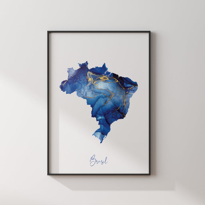 Brazil Map Blue and Gold Wall Art Print