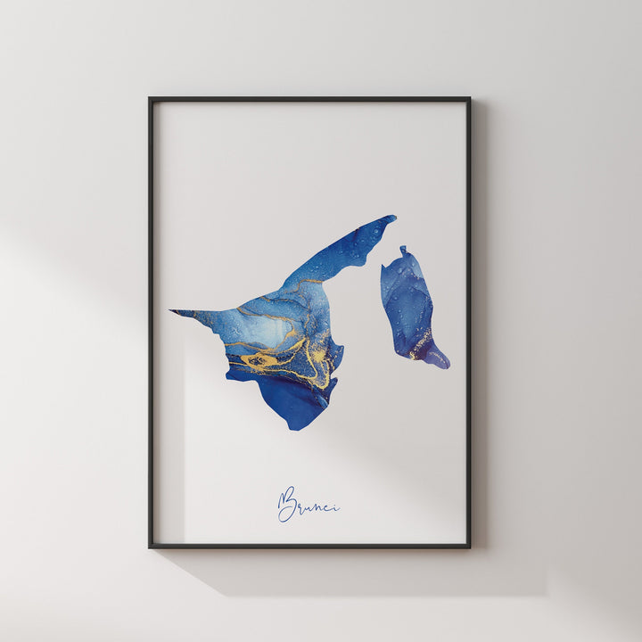 Brunei Map Blue and Gold Wall Art Print