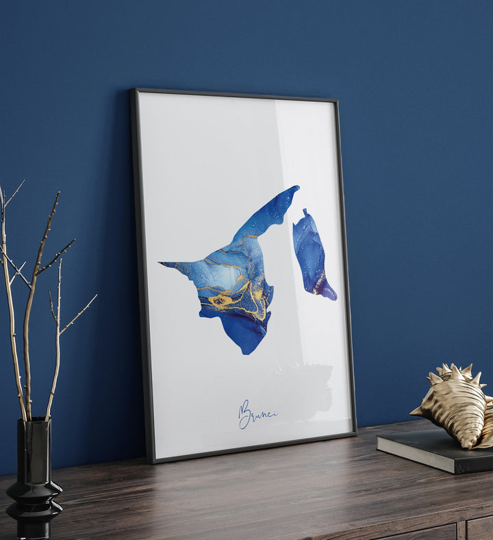 Brunei Map Blue and Gold Wall Art Print
