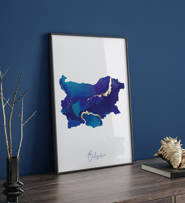 Bulgaria Map Blue and Gold Wall Art Print