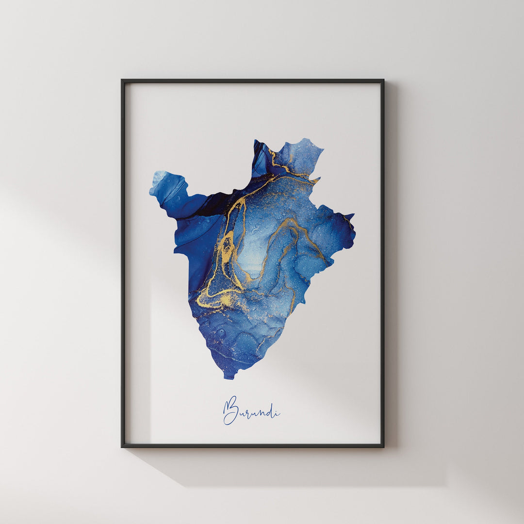 Burundi Map Blue and Gold Wall Art Print