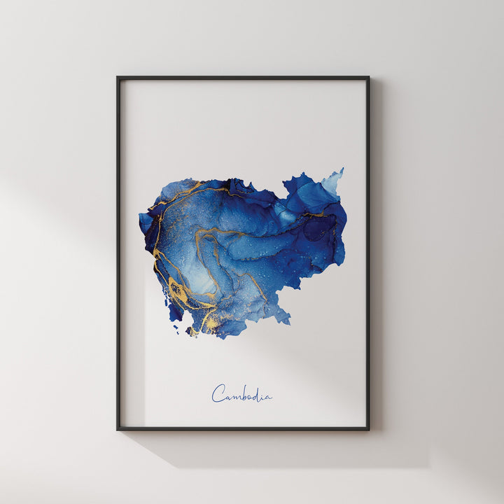 Cambodia Map Blue and Gold Wall Art Print