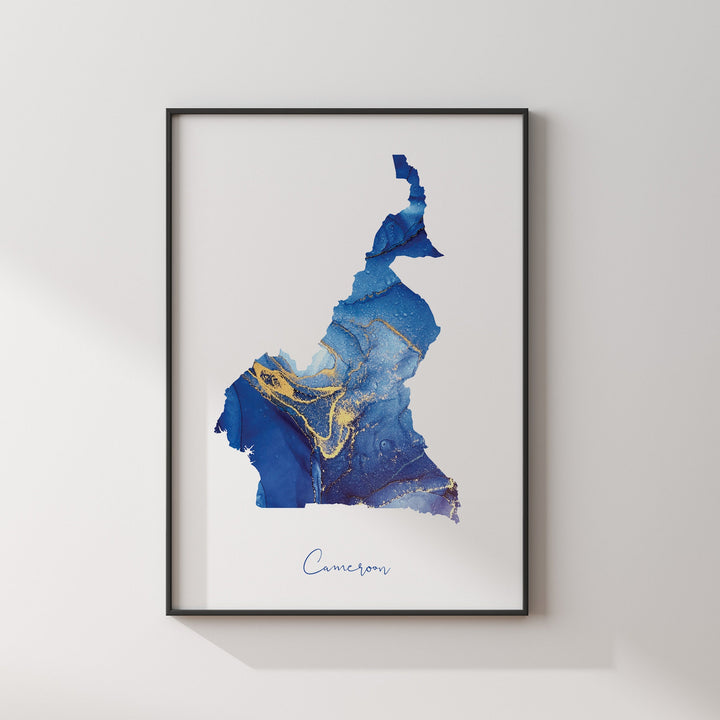 Cameroon Map Blue and Gold Wall Art Print