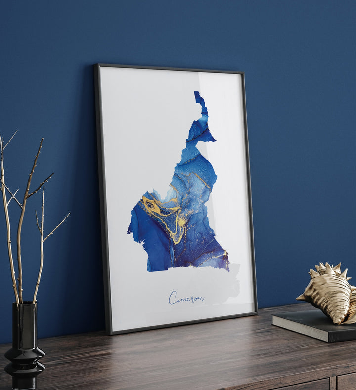 Cameroon Map Blue and Gold Wall Art Print
